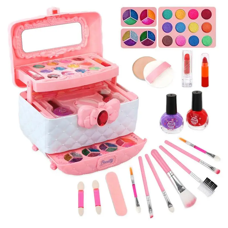 Kids Makeup Set 32pcs Pretend Play Real Makeup Toys Interactive Preschool Learning Activities Kids Cosmetic Set With Box For