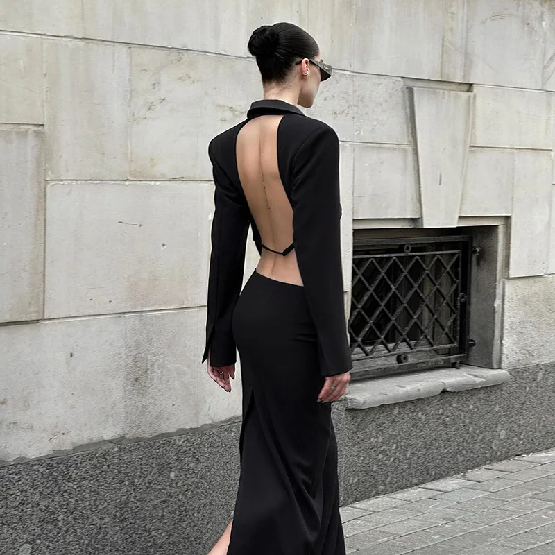 2025 Autunno E Inverno Abbigliamento Donna Nuovo Alla Moda E Sexy Backless Tinta Unita Abito a maniche lunghe Sottile Gonna Divisa Vestito
