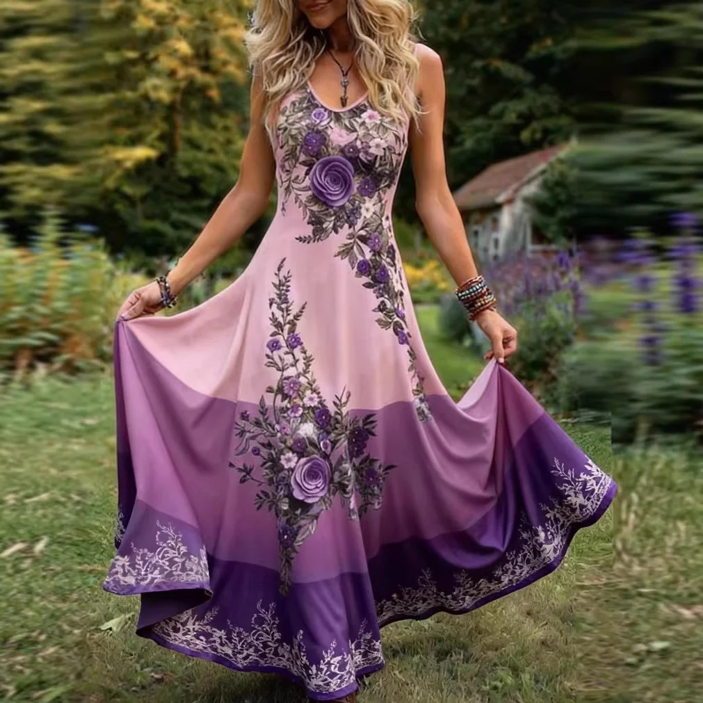 Damen-Maxikleid mit böhmischem Blumendruck, ärmellos, V-Ausschnitt, hohe Taille, A-Linie, langes Kleid, Vintage-Boho-Stil, lässiges Sommer-Party-Sonnenkleid – Detail 5