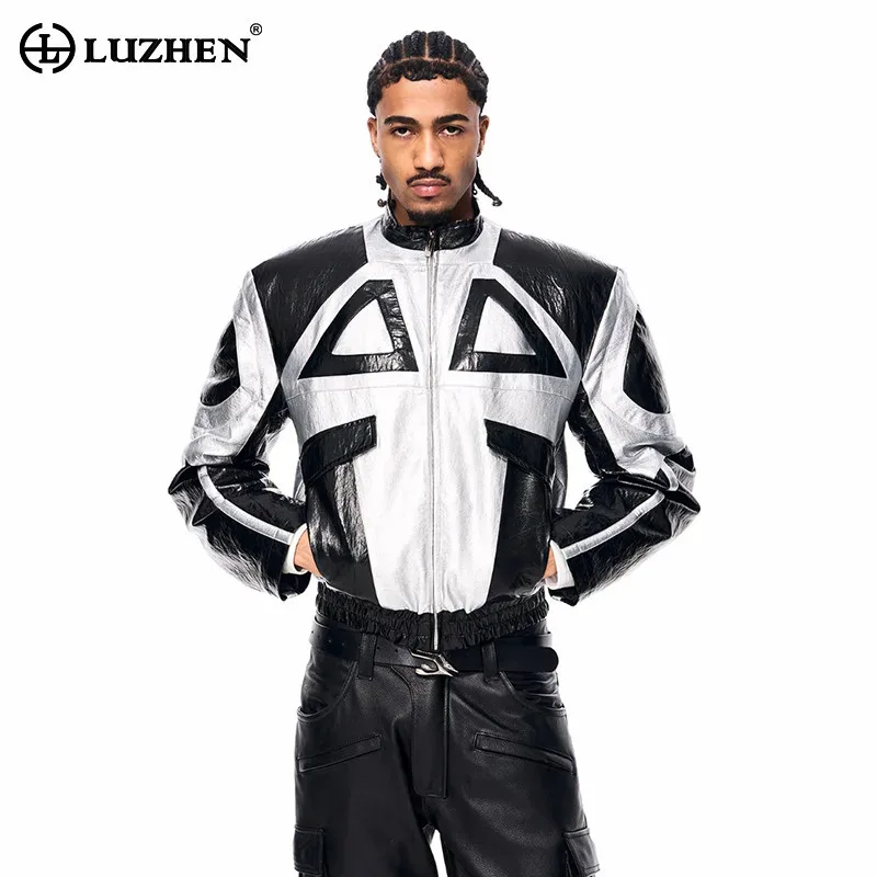 

LUZHEN 2025 Winter New Color Contrast Printed Stand Neck Leather Jacket Men's Trendy Street Style Motorcycles Male Coat JY5232