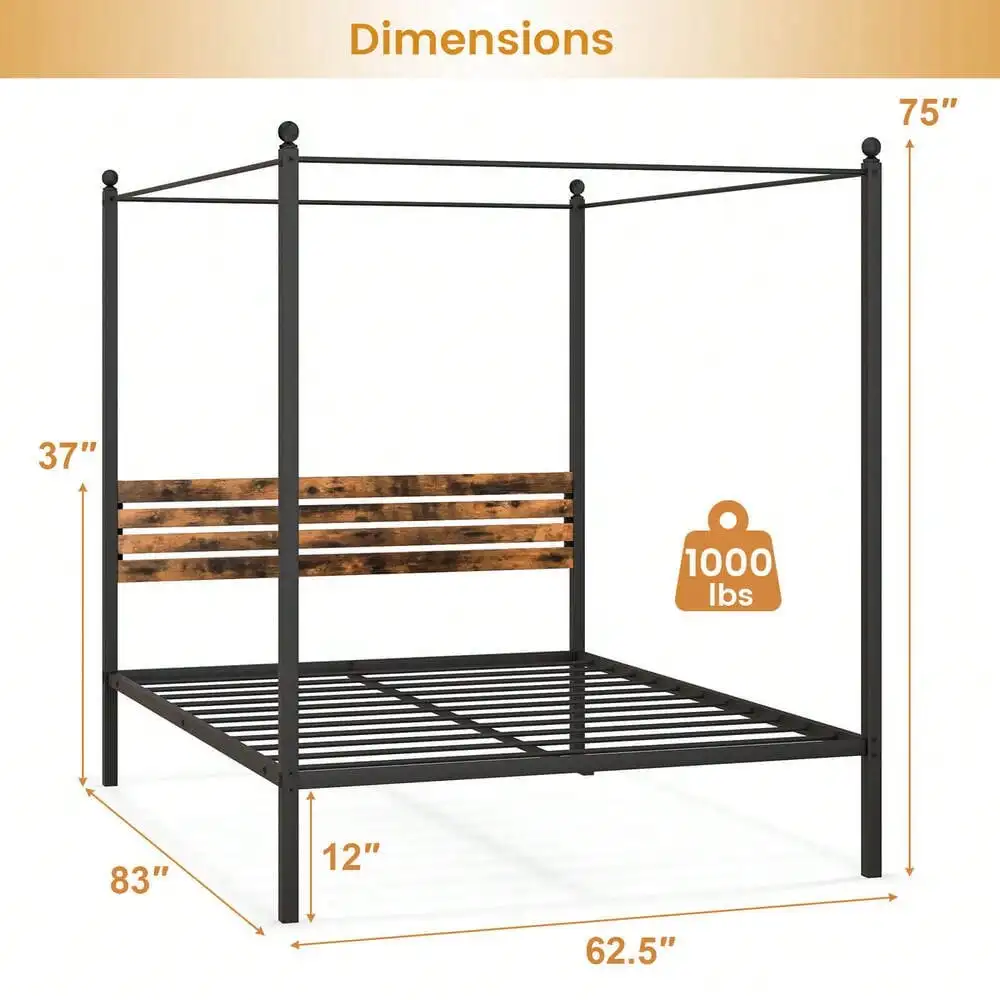 Queen Size Canopy Bed Frame 4-Poster Platform Bed Frame w/ Industrial Headboard