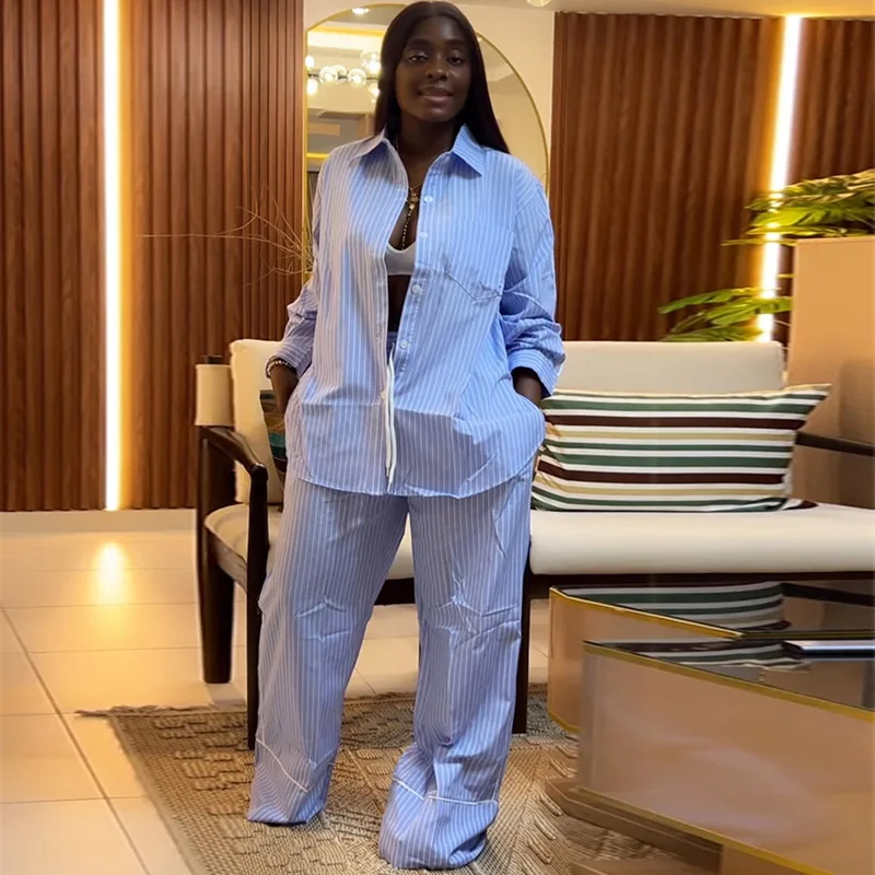 

American European New Fashion Summer Women's Casual Trendy Loose 2 Piece Sets Turn-down Collar Long Sleeve Shirts Wide Leg Pants