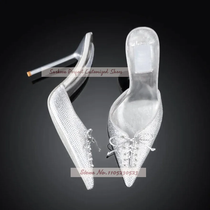 Silver Rhinestone Mule Slippers Pointed Toe Lace-Up Bow Thin Stiletto Heel Slip-on Backless Wedding Party Evening Dress Sandals