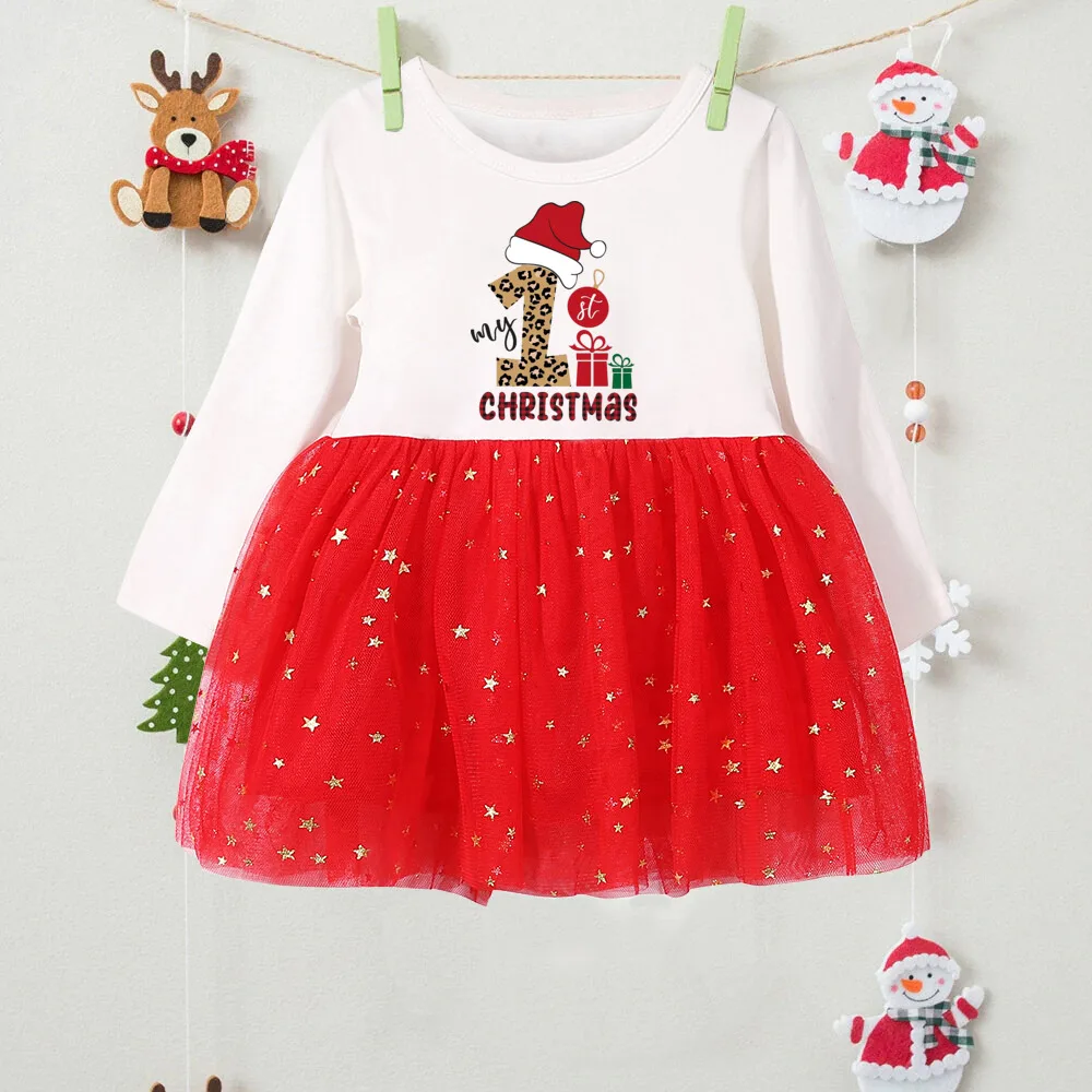 My First Christmas Baby Girls Red Dress Toddler Kids Deer printed Children Tutu Dresses Infant Princess outfit Xmas Party Gifts