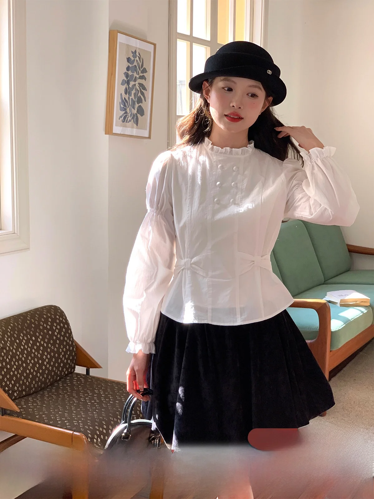 

Sweet Sle Long Sve Waist Cinched Doll irt Women's Top Ba Bowknot Bubble Sve White irt Cotton Spring Autumn