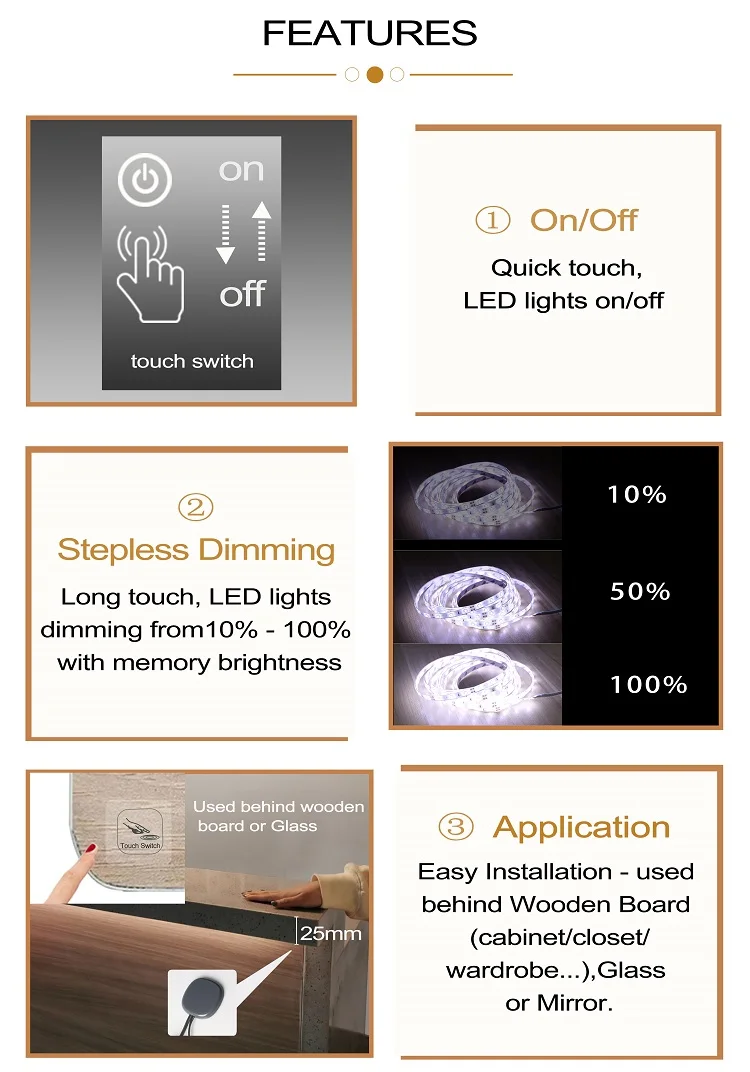 Durchdringender 40mm Holzplatten-Induktionsschalter LED-Berührungssensor 12V 24V 60W Berührungsschalter für Holzplatten, Stein, Kunststoff – Detail 5