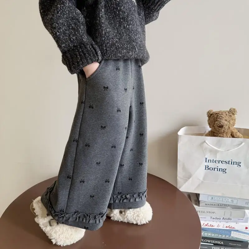 

Girl Winter Straight-Leg Pants Autumn Thicken Keep Warm Lace Wide-Leg Pants Child Versatile Kawaii Fashion New Casual Clothing