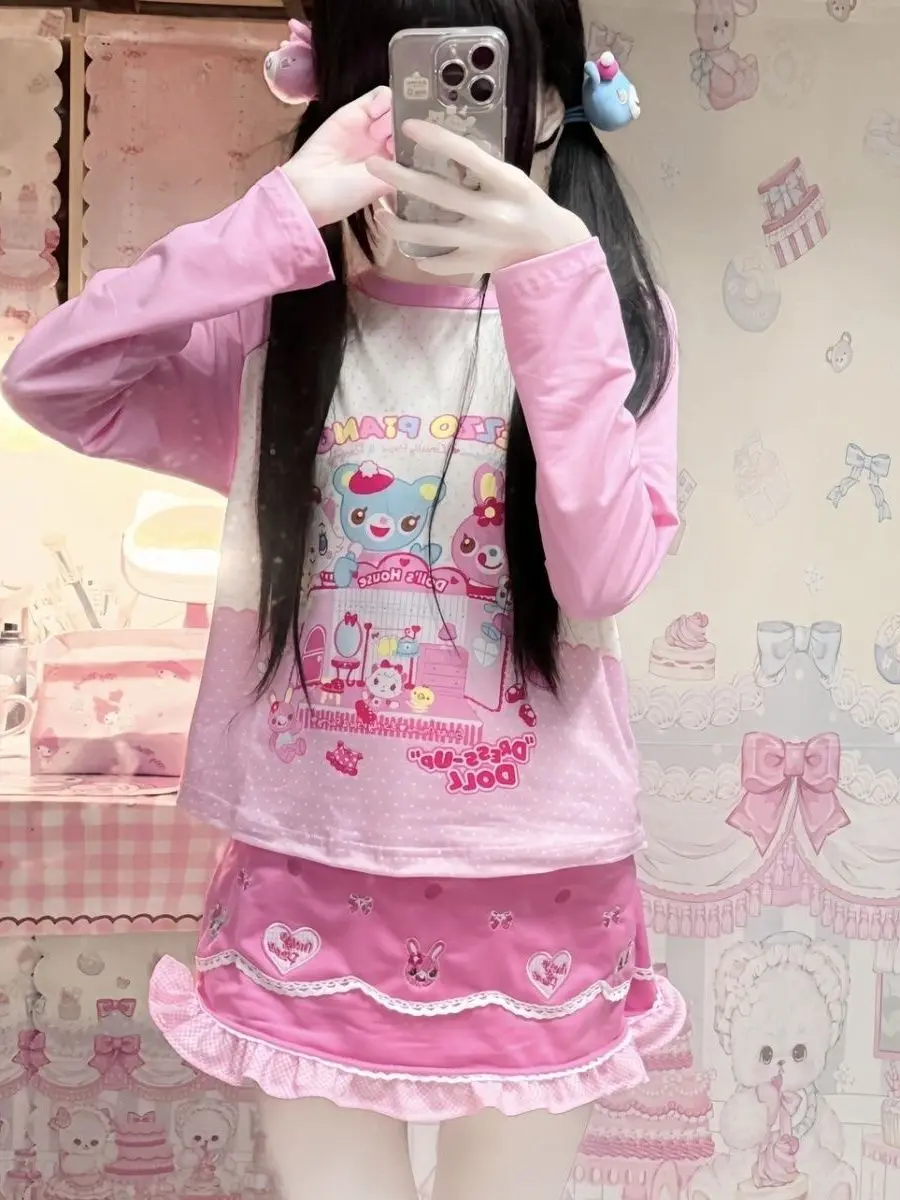 Sweet Cute Girl's Cartoon Long Sleeve T-shirt Replicated Print Retro Style Japanese Anime Fun Children's Clothing Soft Girl