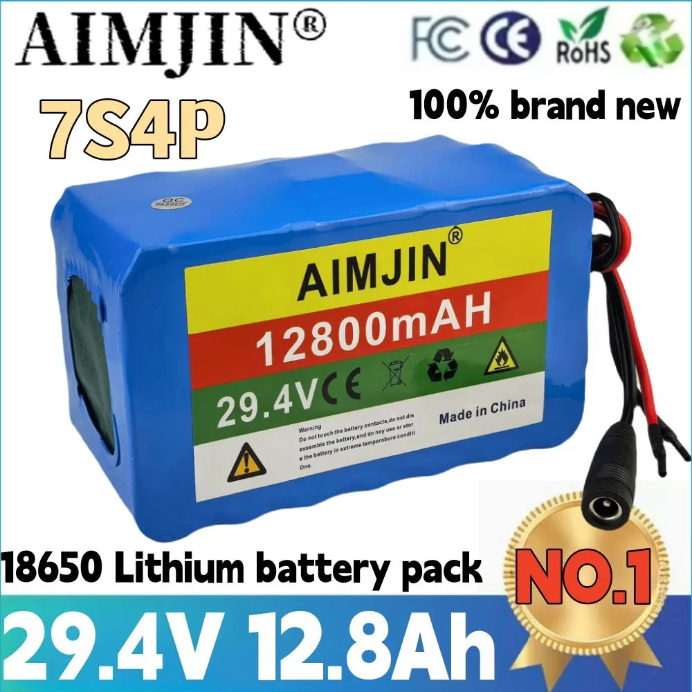 

100% New 29.4V 12.8Ah 7S4P 18650 Lithium Ion Battery Pack Large Capacity 12800mah Built-in BMS with Charger