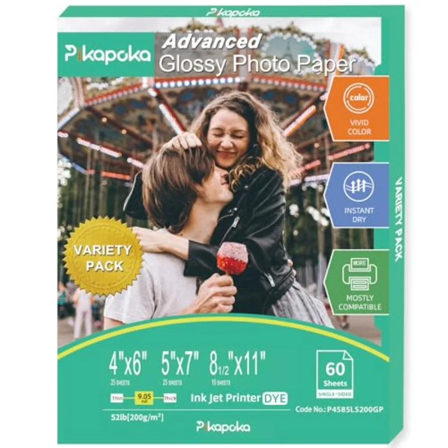 

Glossy Photo Paper 4x6, 5x7, 8.5x11, Variety Pack Bulk, Assorted Sizes, Inkjet printer, 52lb/200gsm