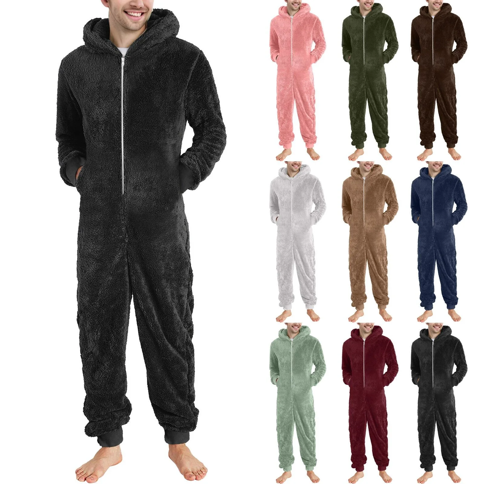 Winter Jumpsuit Warm Pajamas Men New Zipper Polar Pajamas Onesie Plus 5xl Plush Solid Hooded Jumpsuit Pajamas Pyjama Homme