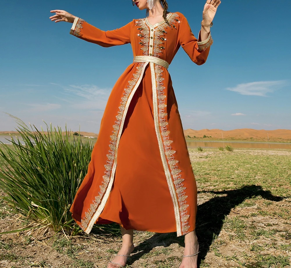 

BA9028 New Orange Heavy Industry Hand-sewn Diamond Splicing Lace Fake Two-piece Dress Middle East Travel Dress