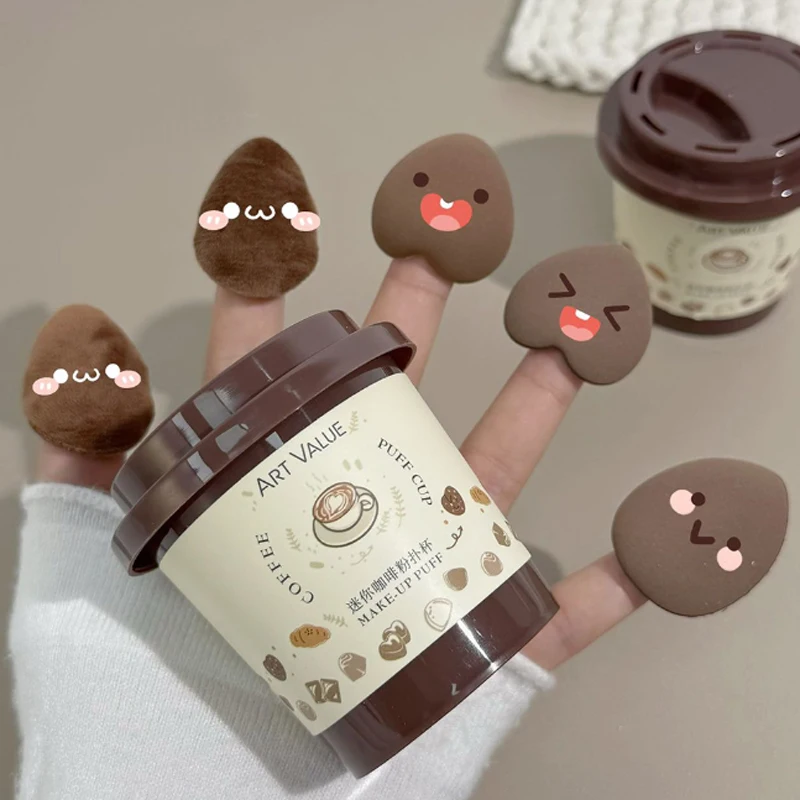 فنجان القهوة ماكياج الإسفنج نفخة مجموعة شكل قلب المحمولة إصبع صغير يتدفقون مسحوق نفخة لكريم الأساس المخفي ماكياج نفث
