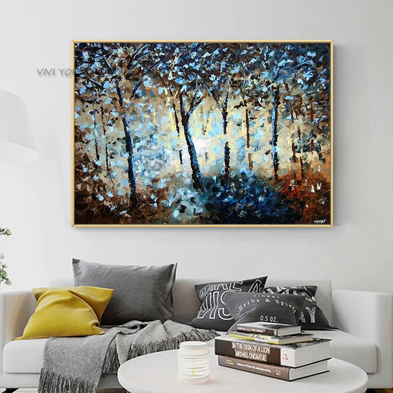 Handmade Original Glimmer Forest Oil Painting, Chunky Palette Knife Blue Foliage Wide Horizontal Canvas Cozy Home Artwork