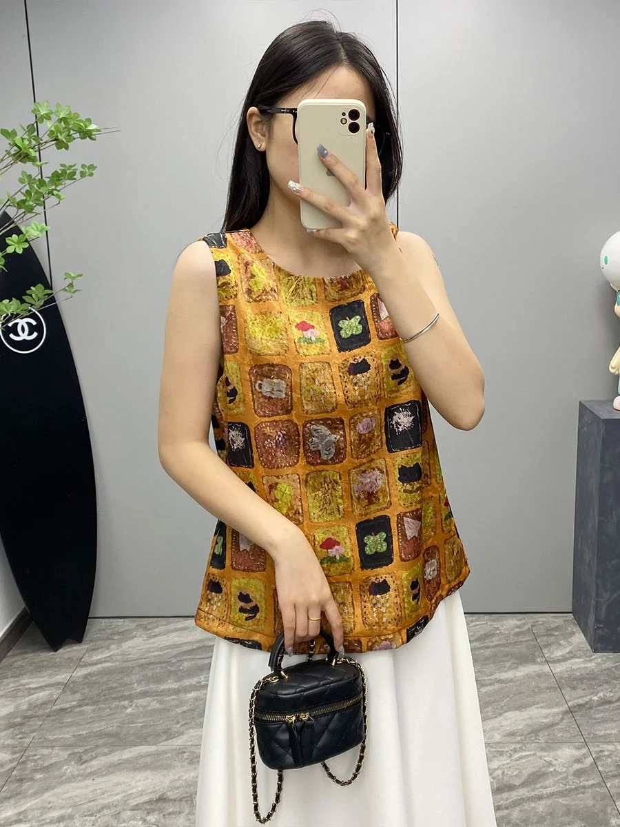 

Женский топ свободного кроя с эффектом похудения, из шелковой марли, с тыквенным узором, круглым вырезом, в китайском национальном стиле