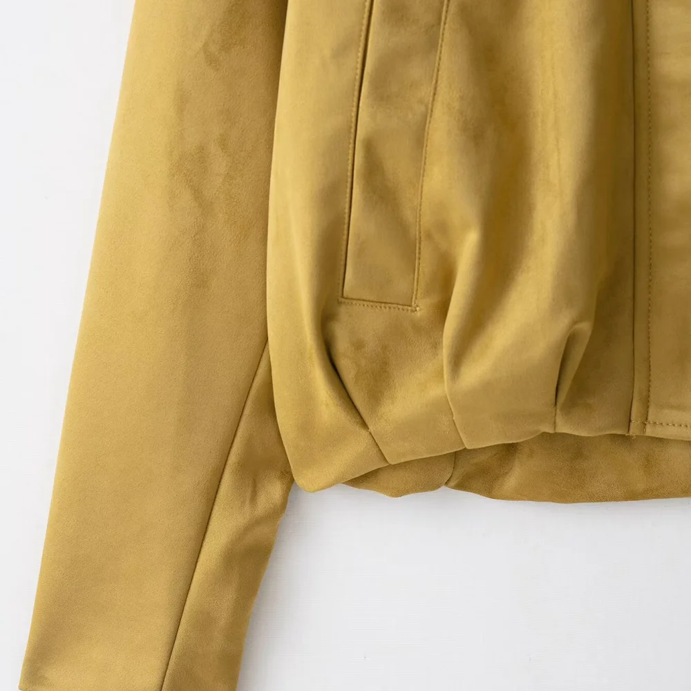 Jaket longgar wanita berbahan suede dengan kerah, lengan panjang, kancing, ritsleting, dan saku, jaket mode baru untuk musim gugur dan musim dingin.