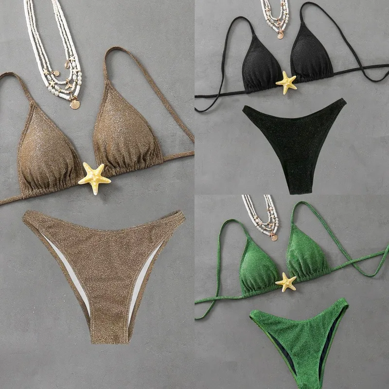 Sexy Metal Starfish Designer Bikini Set 2025 Women Shiny Green Black Push Up Micro Swimsuit Beach Bathing Suit Thong Swimwear