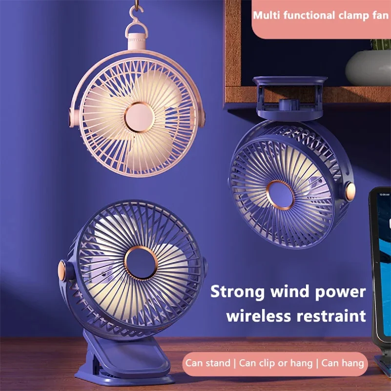 Small Fan 5-Speed Adjustable & 3-Mode Night Light USB Rechargeable Mini Fan for Outdoor 360 Rotatable Clip/Stand/Hang Design