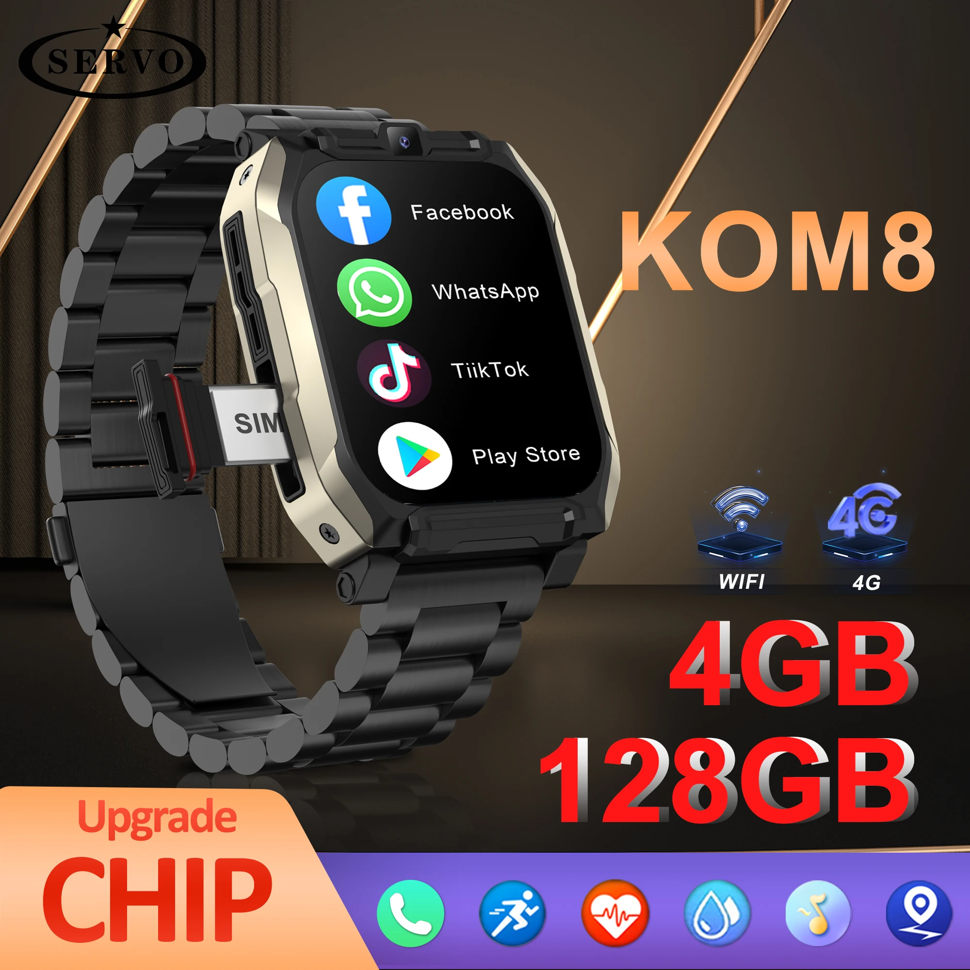 

1.96 Inch Original Luxurious Watch 4G+128GB Smart Watch KOM8 SIM Card Android HD Camera for Men Women Wifi GPS Google Play App