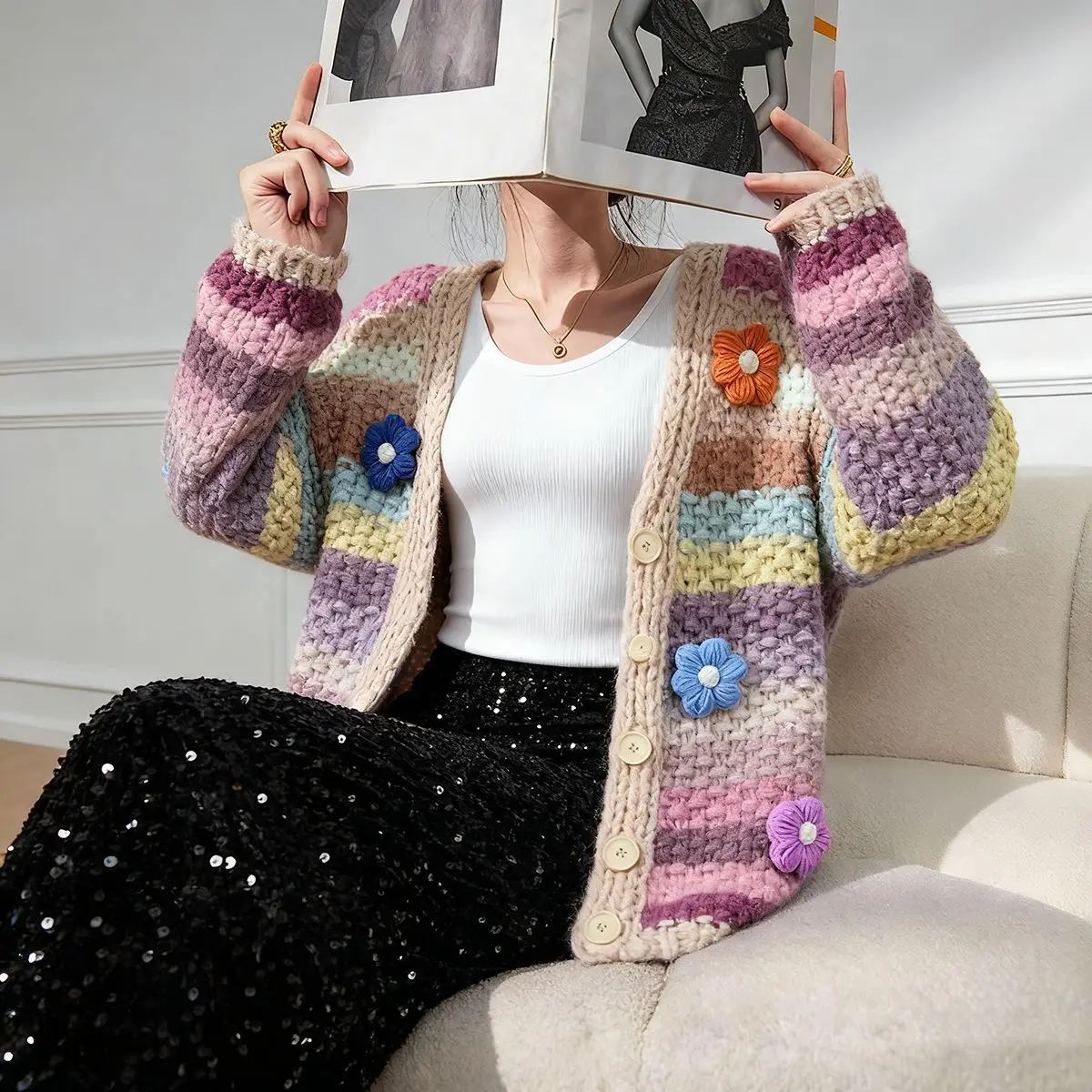 

Радужный свободный женский свитер, кардиган, новинка 2025, осенне-зимний вязаный кардиган, женское пальто