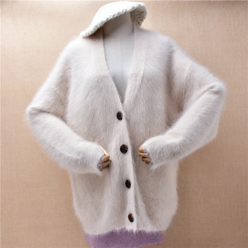 

Women Mujer Autumn Winter Thick Warm Beige Hairy Angora Rabbit Hair knitted Jersey V-Neck Loose Cardigans Mink Fur Sweater Coat