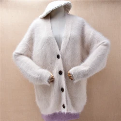 Women Mujer Autumn Winter Thick Warm Beige Hairy Angora Rabbit Hair knitted Jersey V-Neck Loose Cardigans Mink Fur Sweater Coat