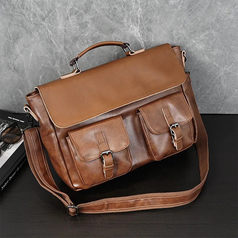 Vintage Leather Men's Briefcase Large Capacity Shoulder Messenger Bag Business Man Handbag