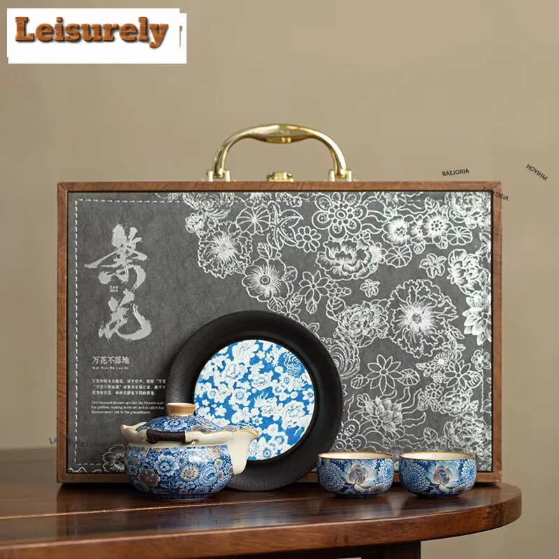 Ru Kiln Blooming Flowers Hand-grasp Pot Boutique Ceramic Tea Set Kit Luxury Tea Ceremony Set 1 Pot 2 Cups Set Teaware Collection