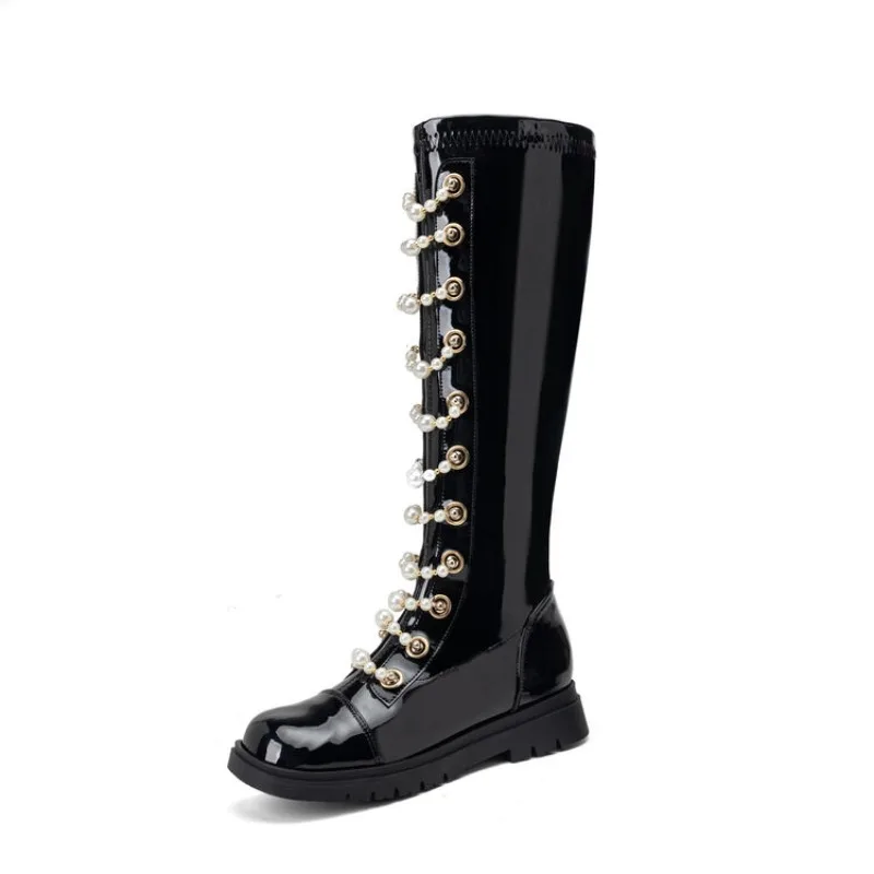 Pearl Chain Decoration Round Toe Knee High Boots New 3cm Back Zipper Flat Bottomed Patent Leather Women's Winter PU Boots 35-43 view 4