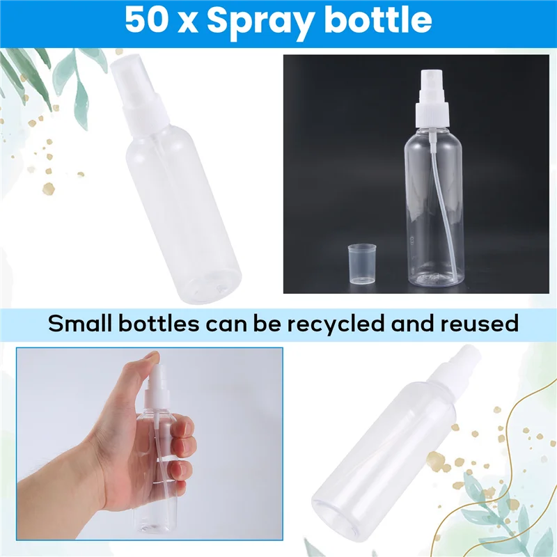 50 Uds. Atomizador de Perfume de plástico transparente de 100 Ml pequeño Mini botella vacía recargable con pulverizador juego de botellas de viaje