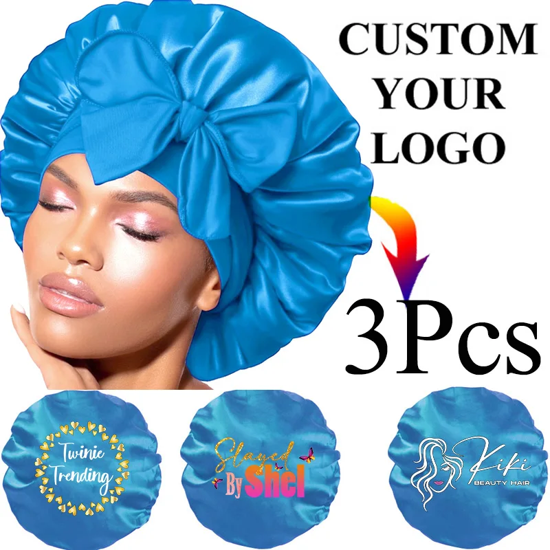 3Pcs Hair Protect Sleeping Cap Soft Satin Silk Bonnet With LOGO Print Large Adjustable Silky Hair Bonnets For Curly Braids Hair