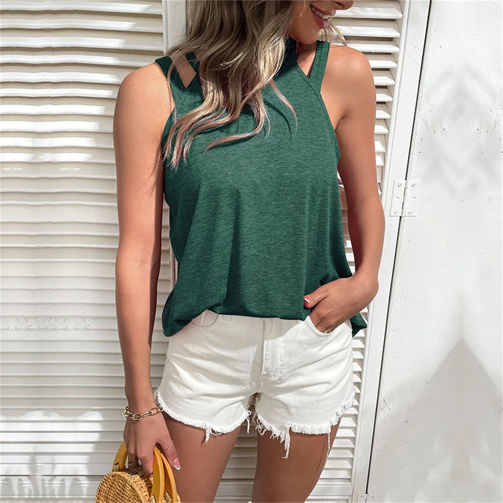 

Women's Solid Color Round Neck Hollow Camisole Summer Fashion Casual Top Running Top Women