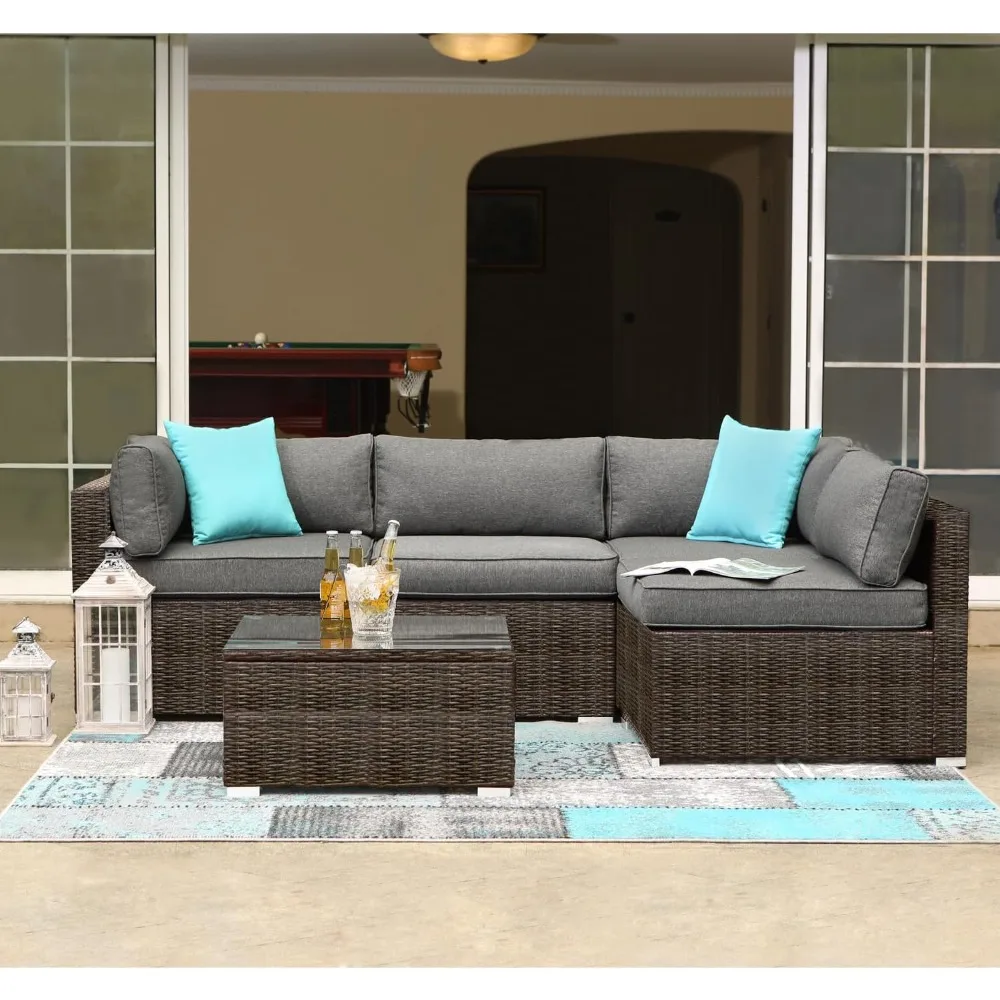 

5-Piece garden furniture sets, Wicker Sectional Sofa w/Thick Cushions, Glass-Top Coffee Table, 2 Turquoise Pillows Incl, Clips