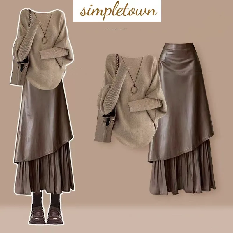 

Spring and Autumn Set Women's Stylish and Skinny Knitted Sweater+Retro Half Skirt Elegant Women's Two Piece Set