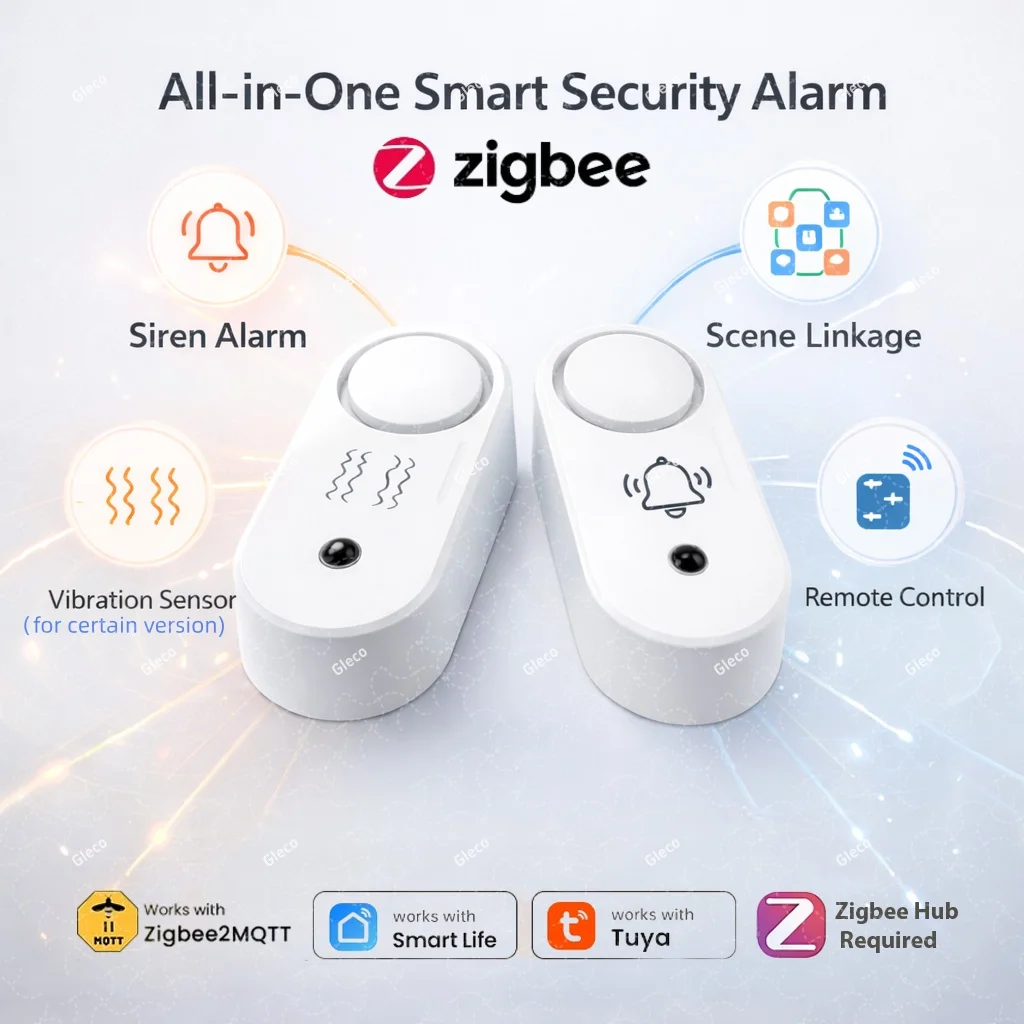

Умная сирена-сигнализация Zigbee с опциональным датчиком вибрации, питанием от батареи, звуковым оповещением 110 дБ для системы безопасности TUYA 22M