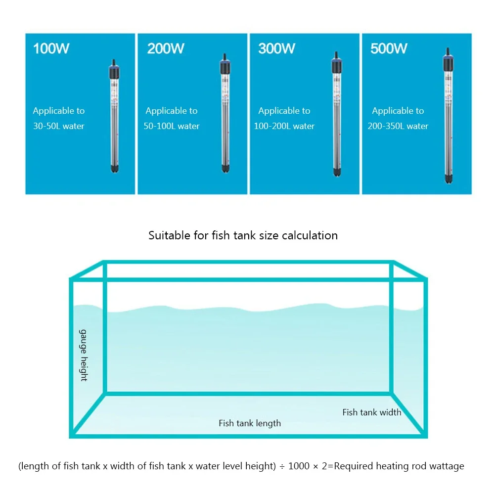 Adjustable Temperature Thermostat Heater Rod 100W/ 200W/ 300W/500W Submersible Aquarium with Sucker Fish Tank Accessory