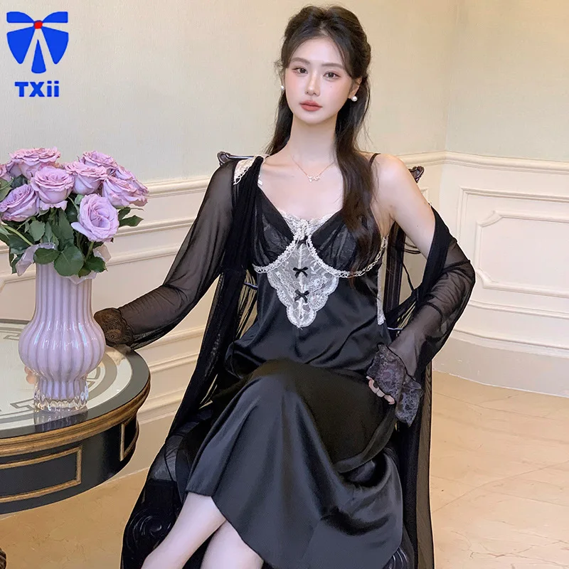 2024 French Style Ice Silk Pajamas New Spring and Autumn Women's Sexy and Charming Two-piece Nightdress Thin Home Clothes suit