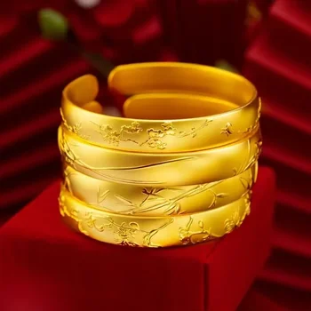 Real gold 9999 plum orchid bamboo 24K genuine gold chrysanthemum open carved ladies fashion bracelet