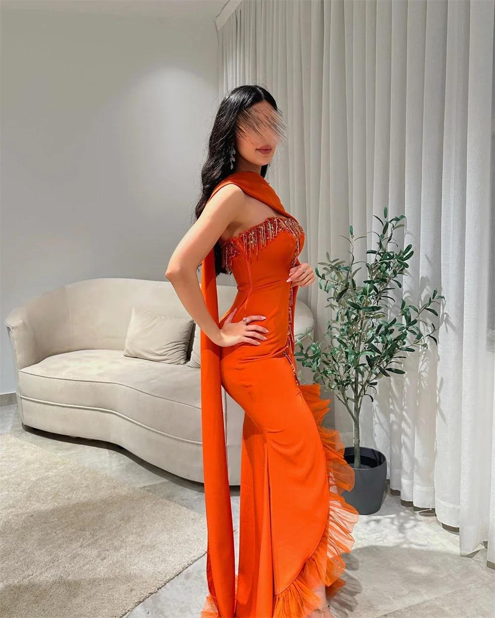 Customized Eleagnt Strapless Sheath Ruched Tassel Party Dress Floor Length Stole Formal Evening Gowns فساتين نسائيه سهره 롱원피스