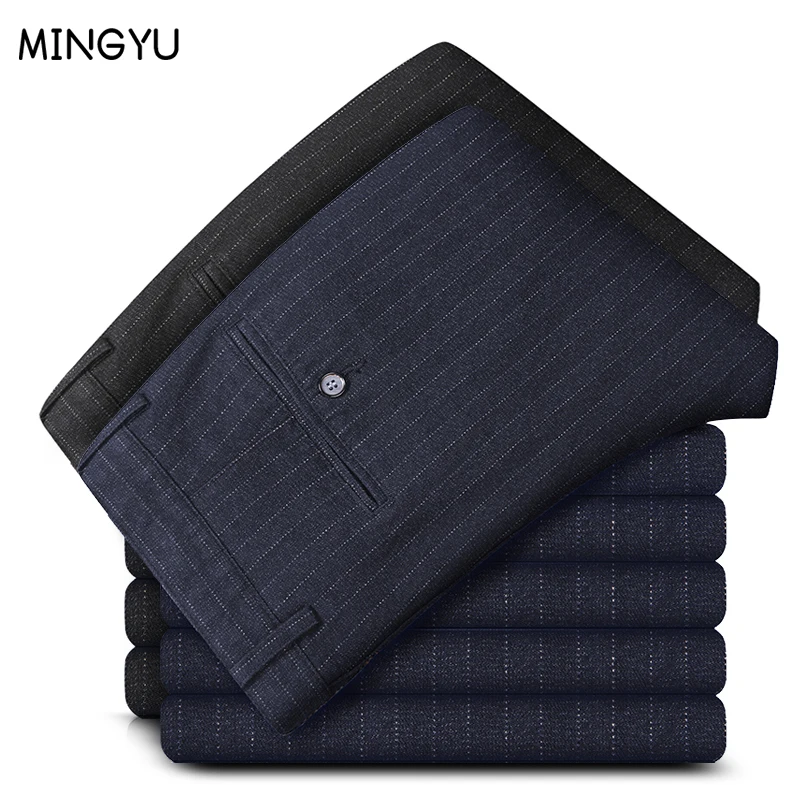 

New Style Autumn Winter Men's Stripe Slim Casual Pants Fashion Business Stretch Trousers Men Straight Pant Black Blue 30-40