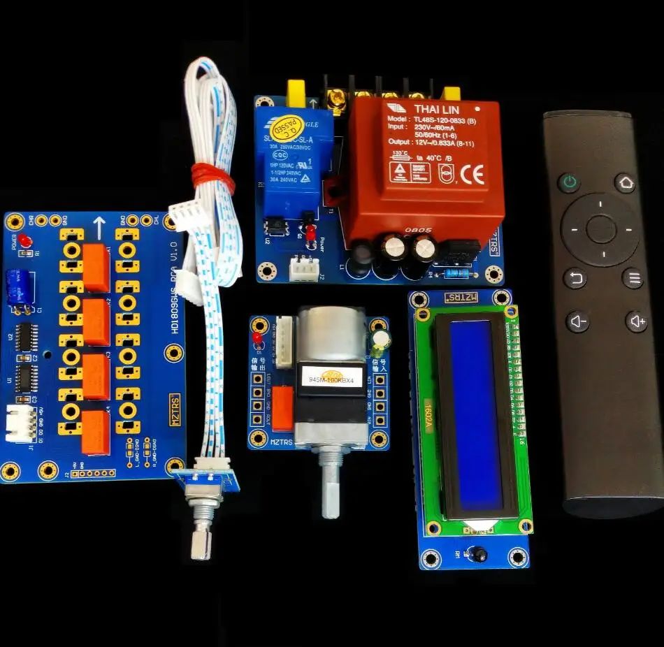 HiFi Motor Pot Preamplifier Remote Volume Control Board Kit + 1602A Display+PSU+Input Switch