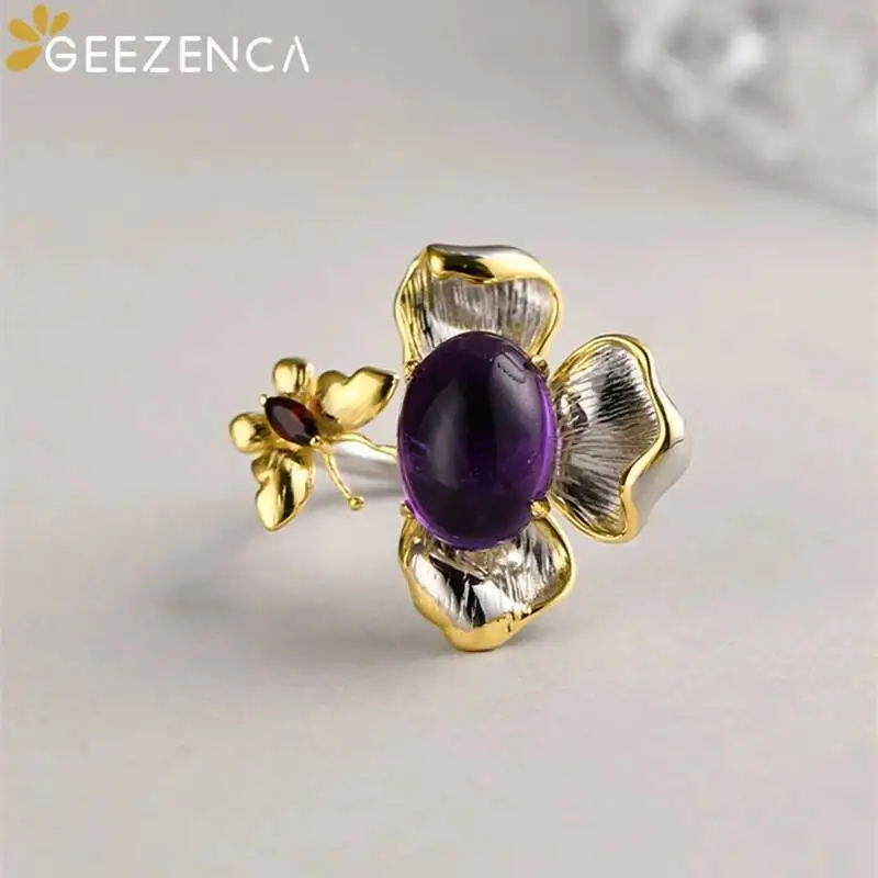 GEEZENCA Natural Amethyst 925 Silver Two Tone Flower Rings For Women Butterfly Luxury Hyperbole Wide Cocktail Ring 2023 New Gift