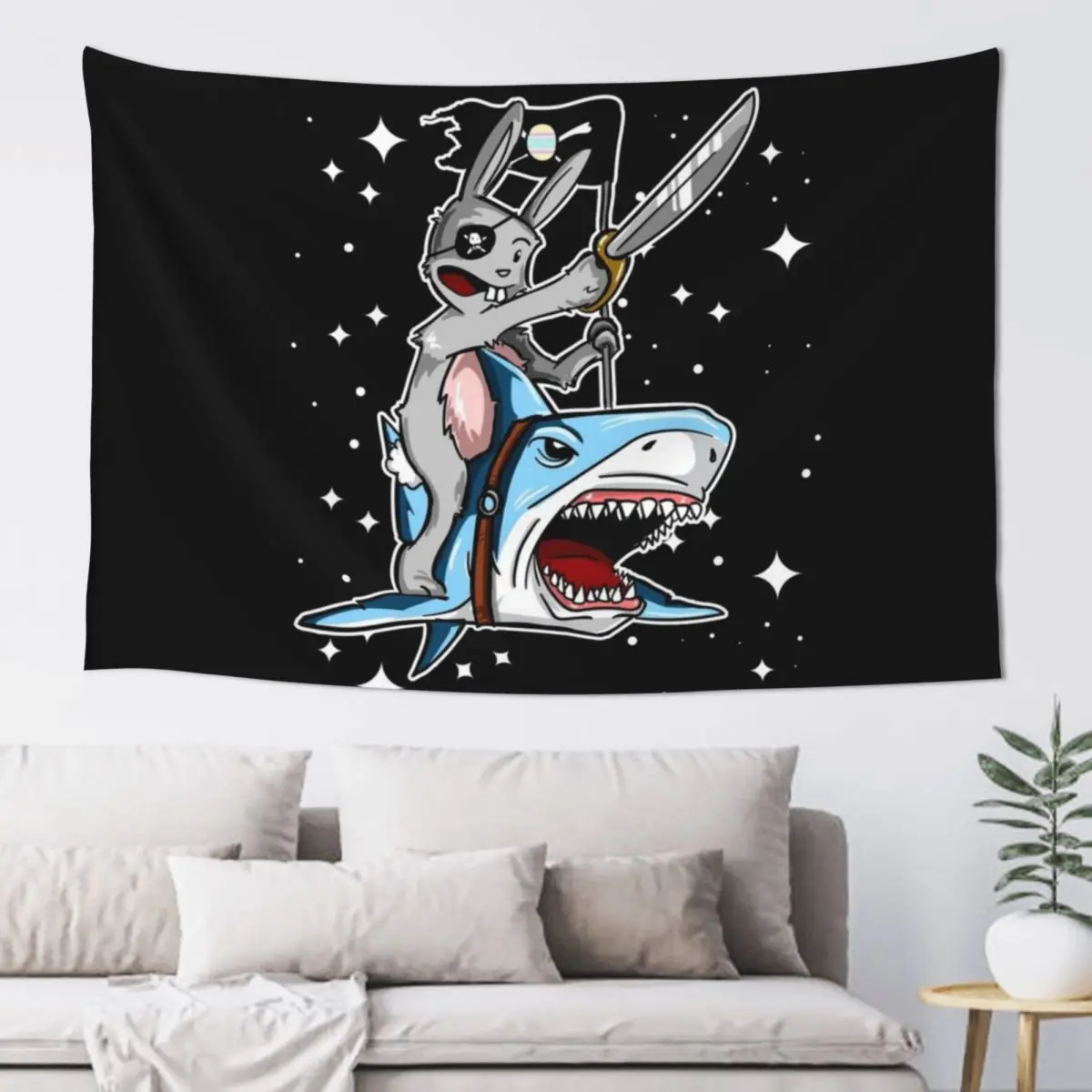 

Pirate Easter Bunny rides a shark through space! Tapestry Wall Decor Hanging Mushroom Tapestry