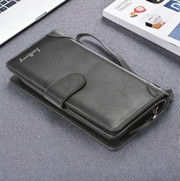 Cartera larga de PU para hombre con botón a presión y cremallera, gran capacidad, múltiples ranuras para tarjetas, compartimentos organizados, bolso de mano informal