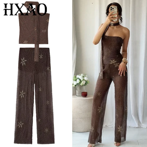 HXAO-Conjunto de pantalones con cuentas de malla para mujer, traje de verano de tul recortado sin tirantes, chaleco Halter, trajes elegantes de cintura alta, conjuntos de pantalones largos