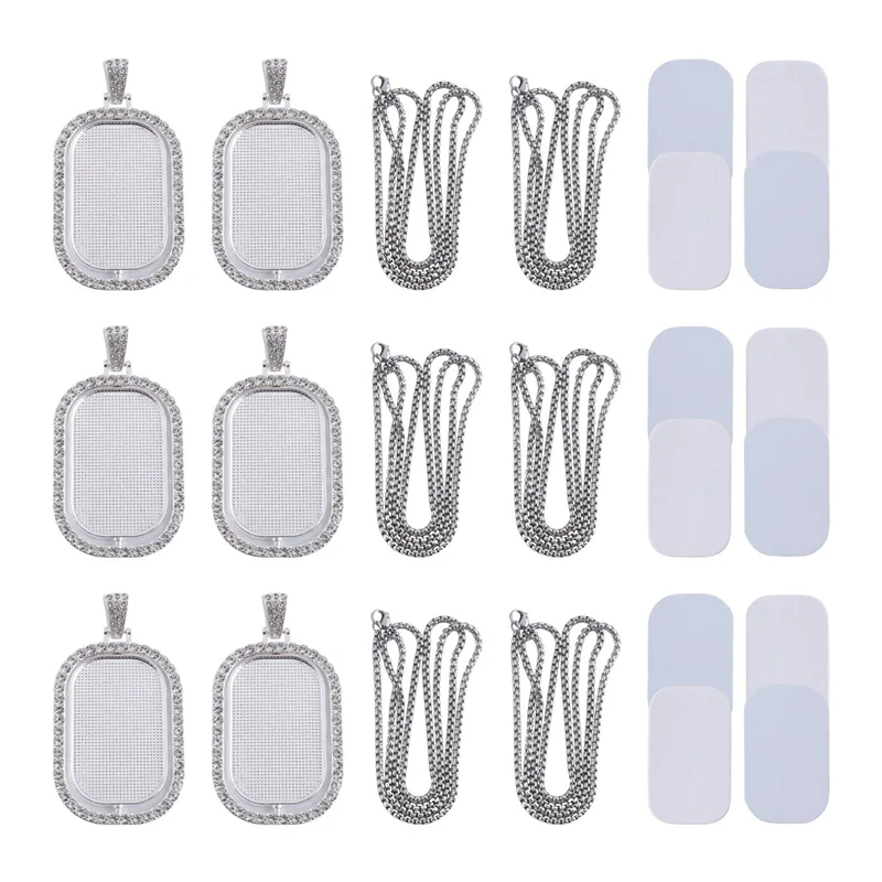 

【Best Selling】48Pcs Sublimation Rhinestone Trays Pendant Set, 12 Blank Bezel Trays, 12 Pcs Chains With 24 Discs, Rectangle Style