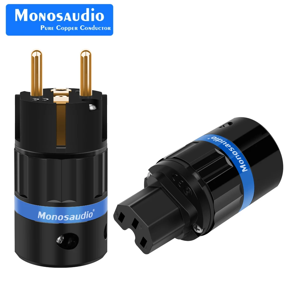 Pair Monosaudio E104G/F104G Pure Copper Gold Plated EU version Power Plug European Male connector plug+IEC Female Plug