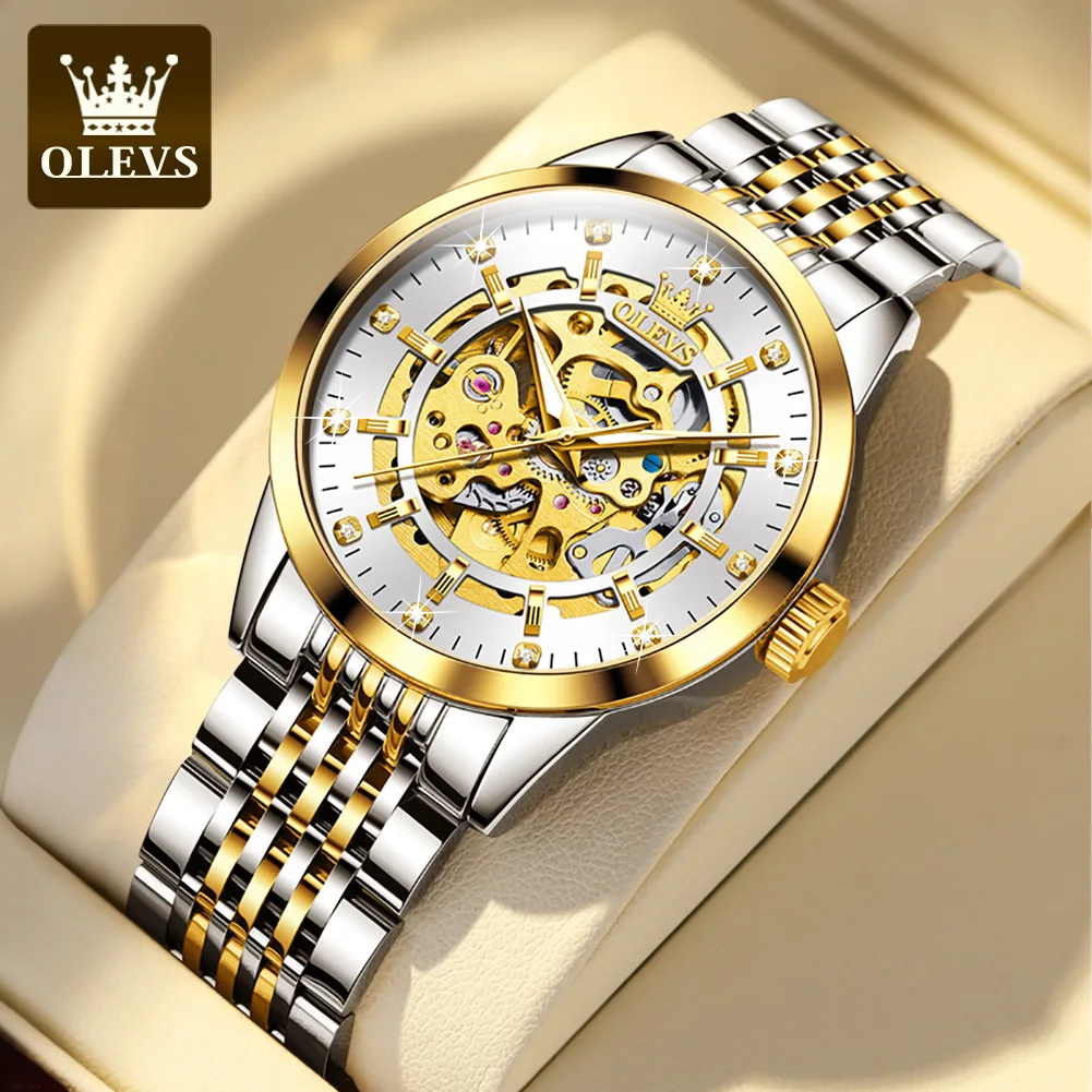 OLEVS 9920 Luxury Men\'s Watches Golden Hollow DIal Automatic Mechanical Wristwatch Waterproof Luminous Watch for Man Fashion