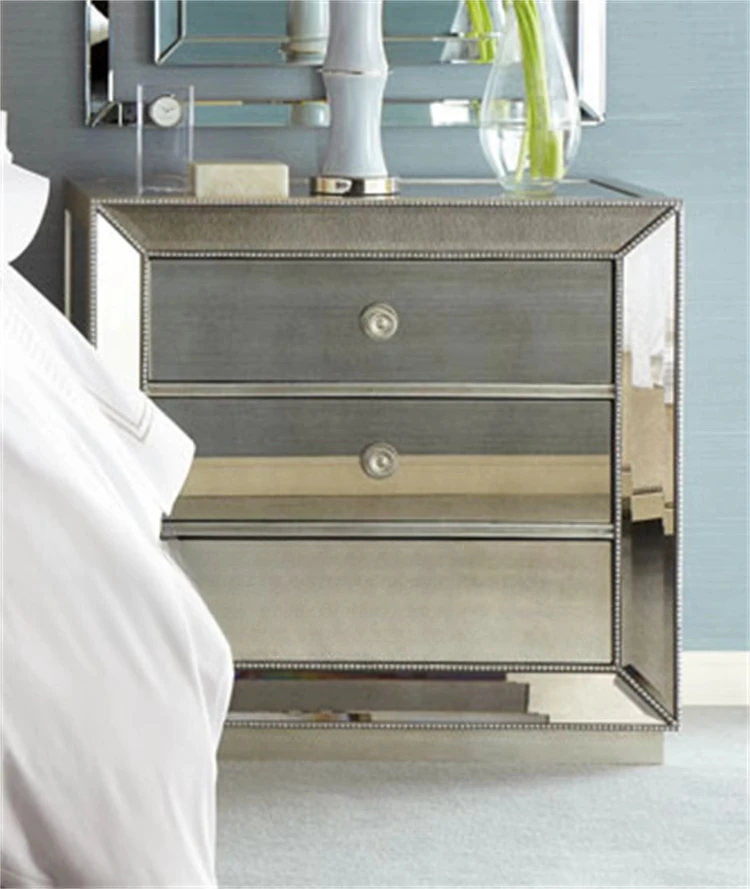 Simple European mirror light luxury bedside table Phone table Glass dressing cabinet Neoclassical modern bedroom side cabinet