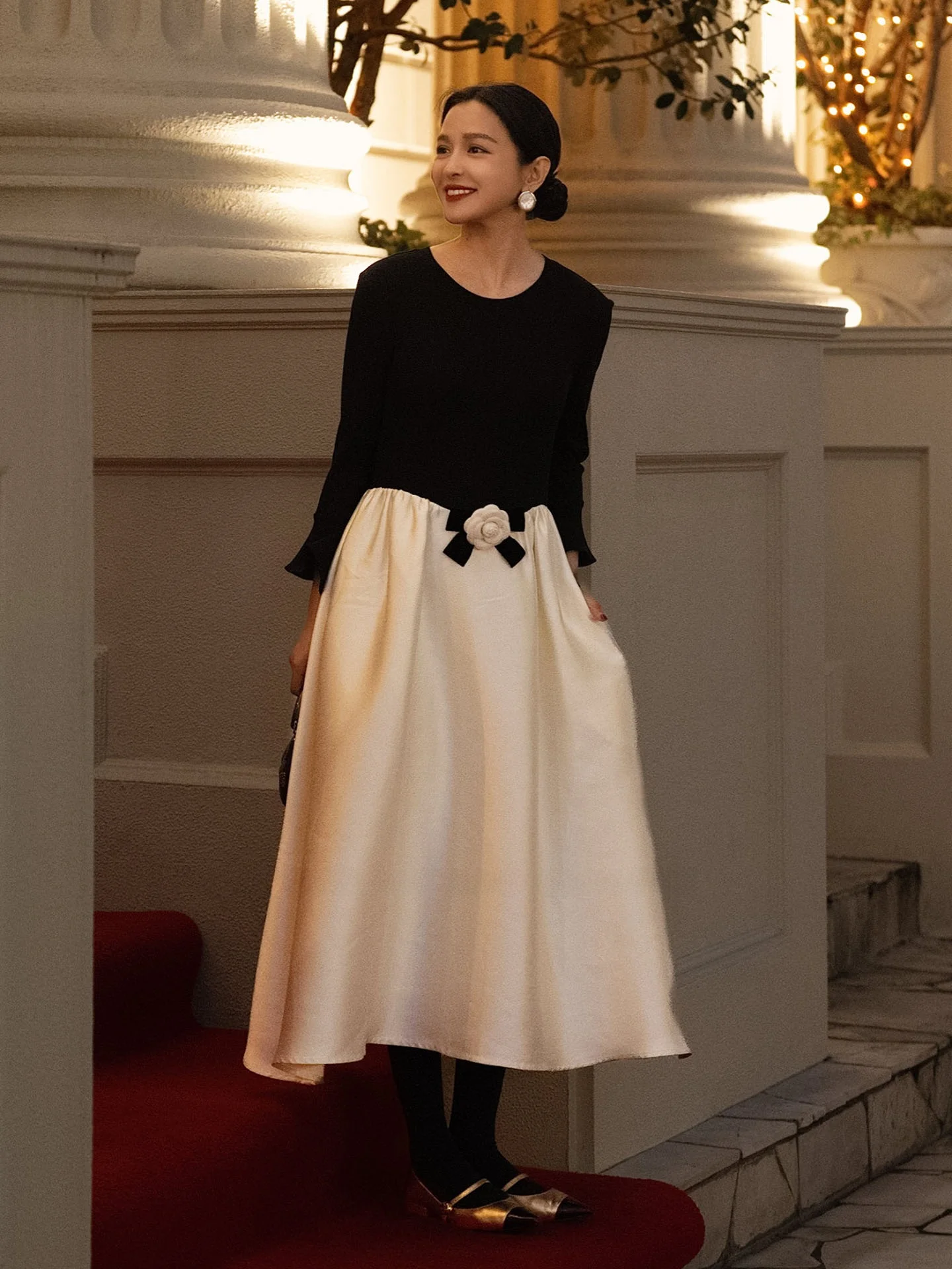 

Ele Bla White Color Blo Velvet Satin Dr Twin Flowers Pattern Ci Commuting Date Par A-Line Skirt Polyester Fiber